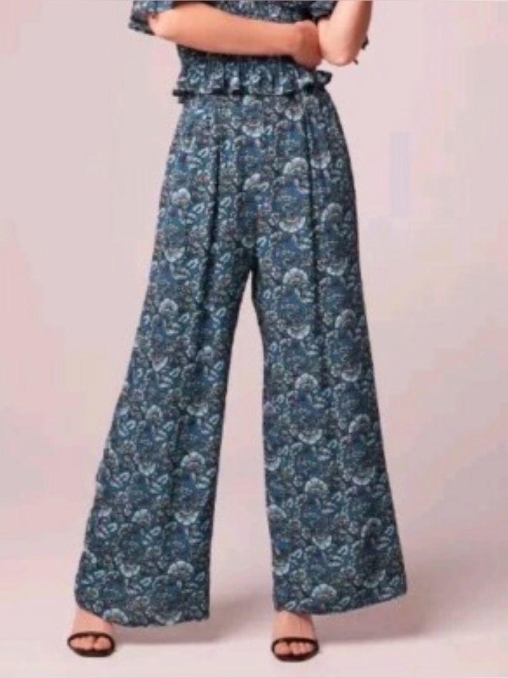 BAND OF THE FREE Elise teal floral woman wide leg lightweight boho pant NWT S